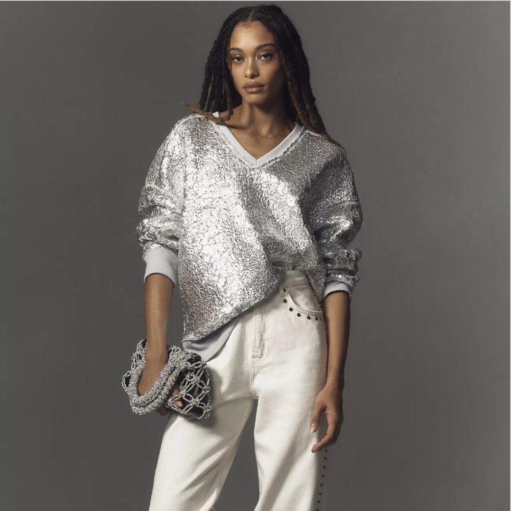 Pilcro Foil Sherpa Tunic, NWT, Silver, Medium